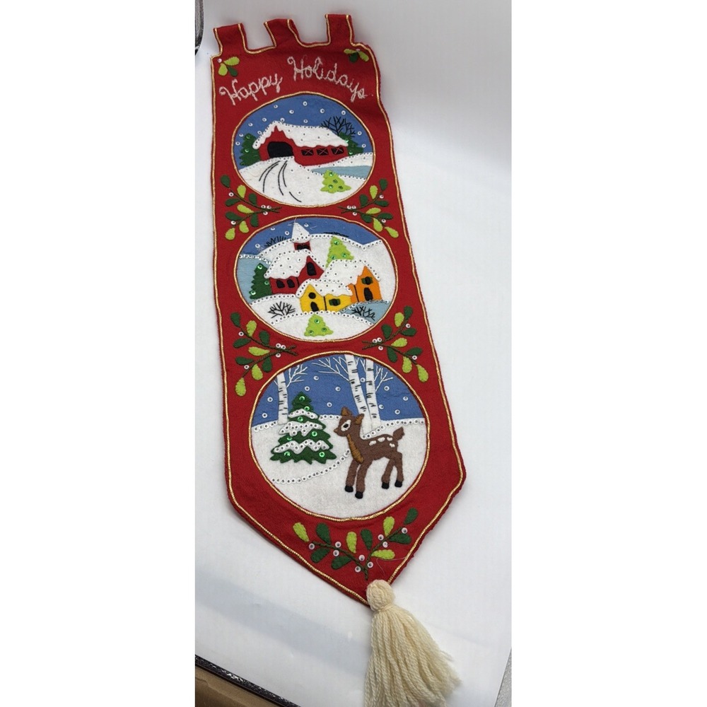 Finished Bucilla Christmas Felt Wall Hanging  Happy Holidays 86684 Vintage